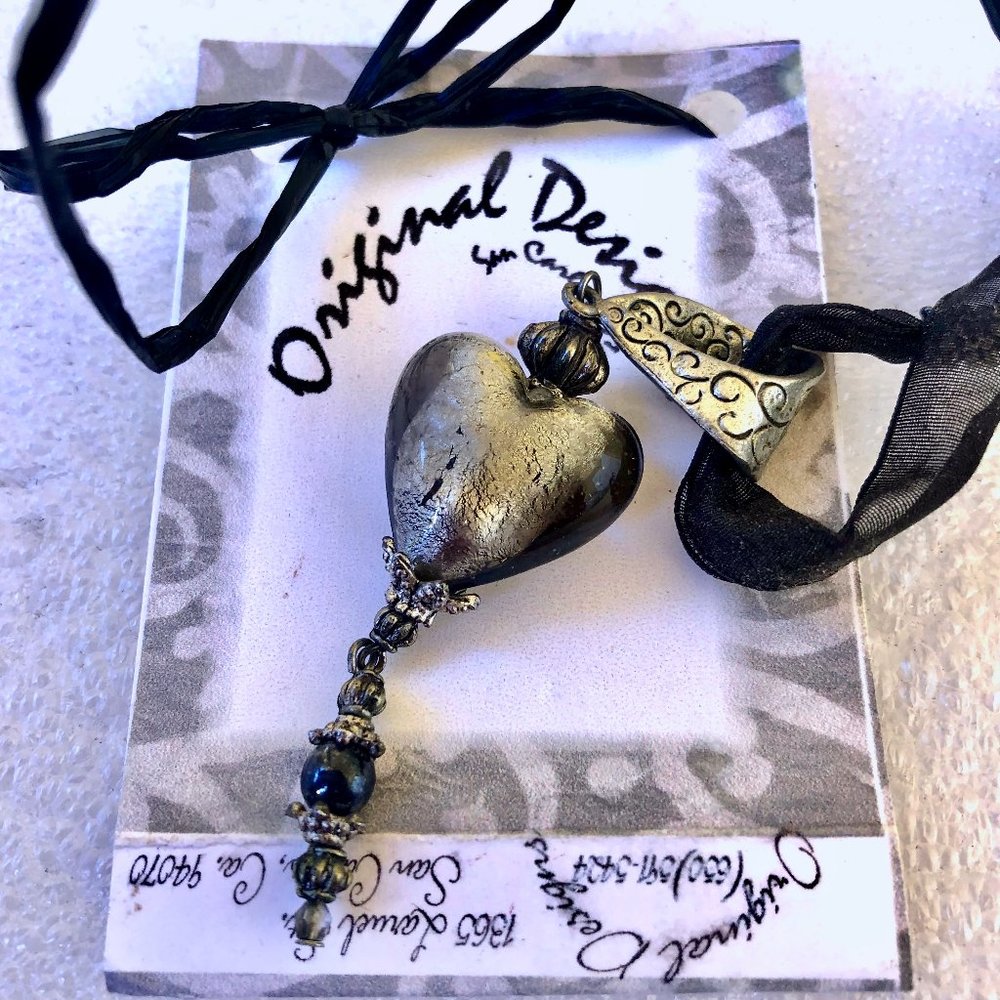 Original Designs Necklace & Pendant Black Glass Heart Shear Ribbon NEW